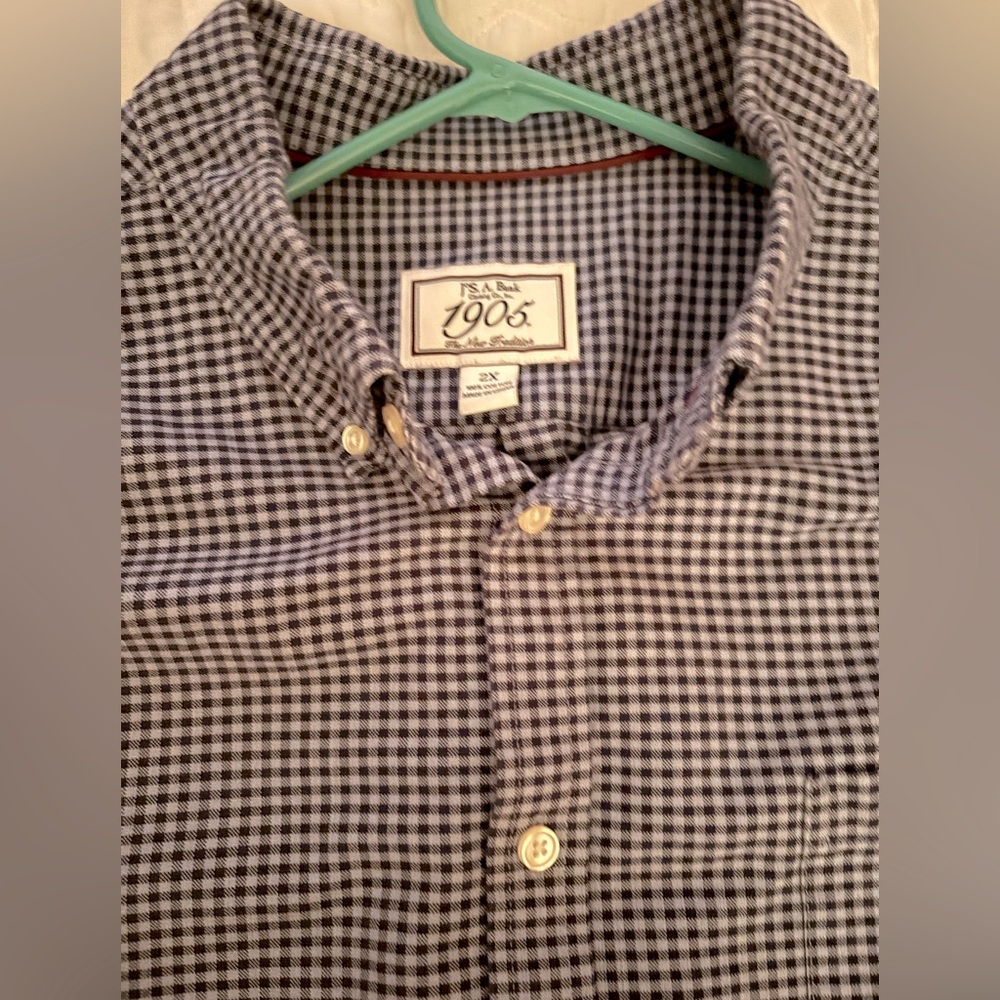 Jos A Bank 2X LS Men's Navy snd Baby Blue Checkered Shirt